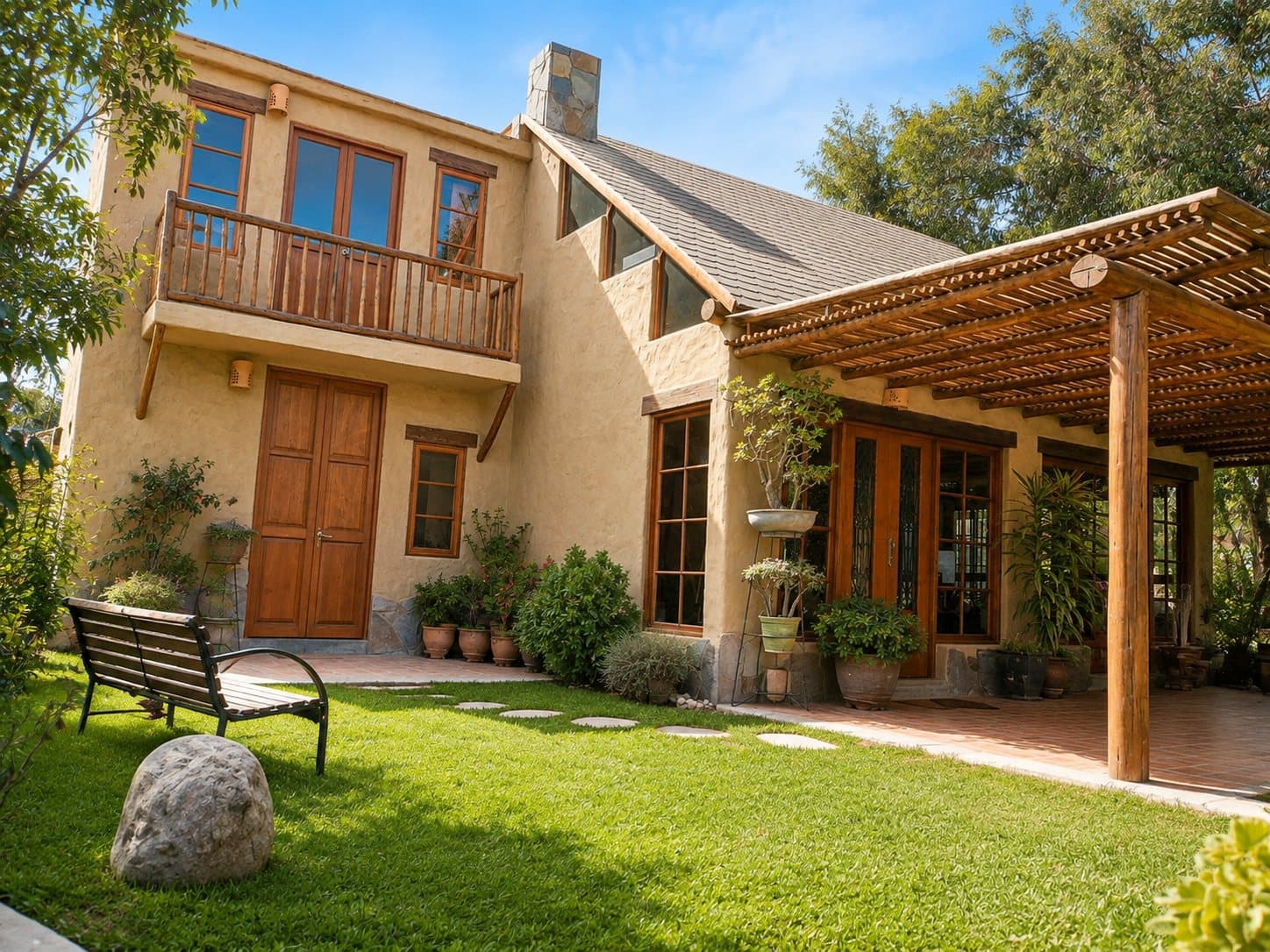 Casa de muros de tierra y pérgola de madera frente a un jardín