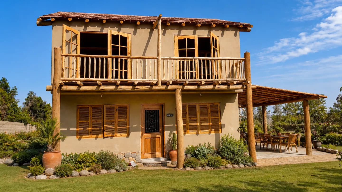Casa campestre de madera y tierra rodeada de vegetación